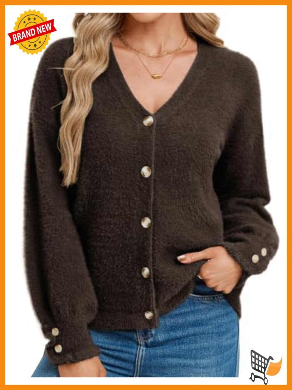 Fuzzy Wool Blend Chunky Cardigan Button Cuff Hip Length